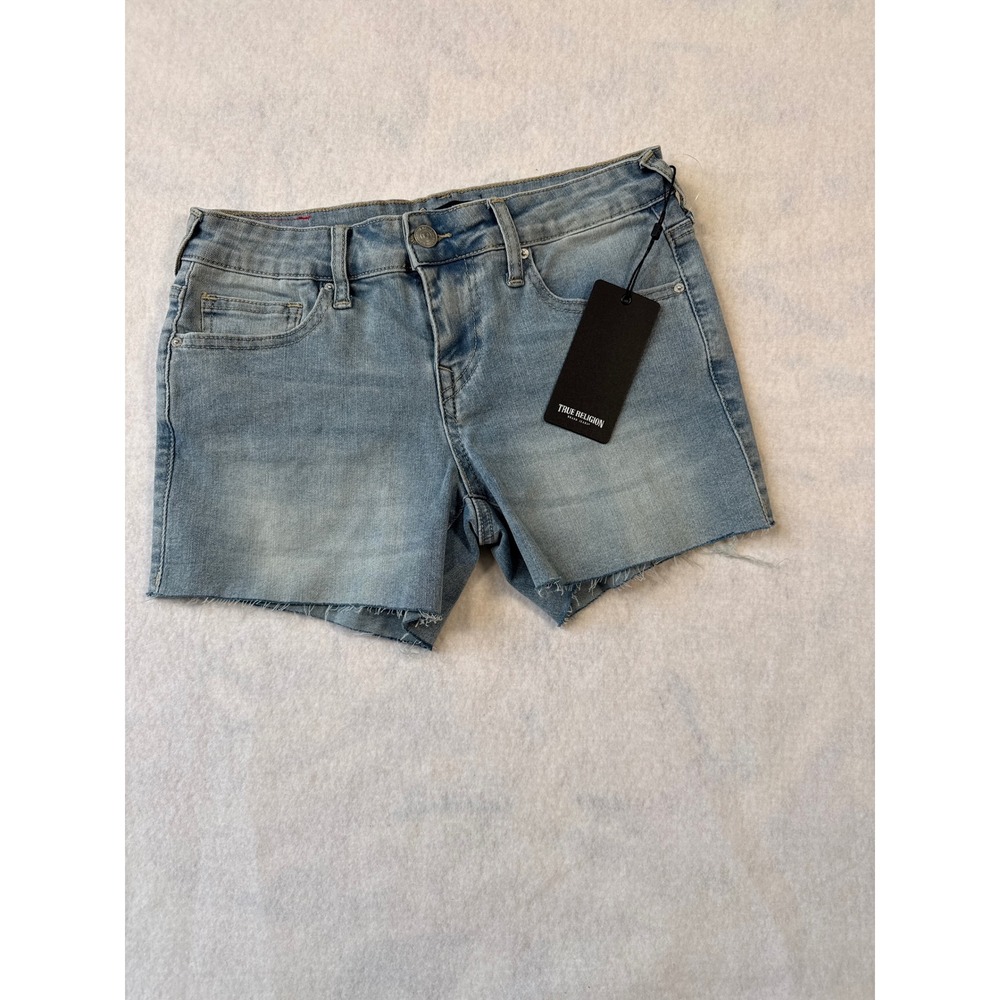 True Religion Jayde Mid Rise Denim Shorts Light Bliss Wash Raw Hem 25 NEW